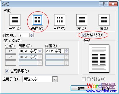 选择两栏和分隔线